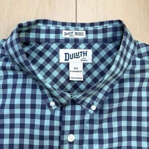 Duluth Trading Co Mens 2XL XXL Blue Gingham Short Sleeve Button Shirt Untucked